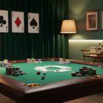 Medium-wide interior of a budget casino-themed spare room showing a dining table with a green felt poker topper, chips, cards, and dice, warm lamp and LED lighting, a deep red accent wall, and softly blurred velvet curtains, DIY card-suit wall art, and thrifted framed prints in the background.