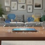 Smartphone on a living room coffee table with translucent plastic chat bubble icons cracking apart, with a blurred gallery wall, sofa, and real houseplants in the background under soft daylight.