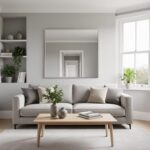 Decluttered UK living room with light grey walls, a single sofa, wood coffee table, mirror opposite a bright bay window, and a brushed nickel door handle in soft natural daylight.