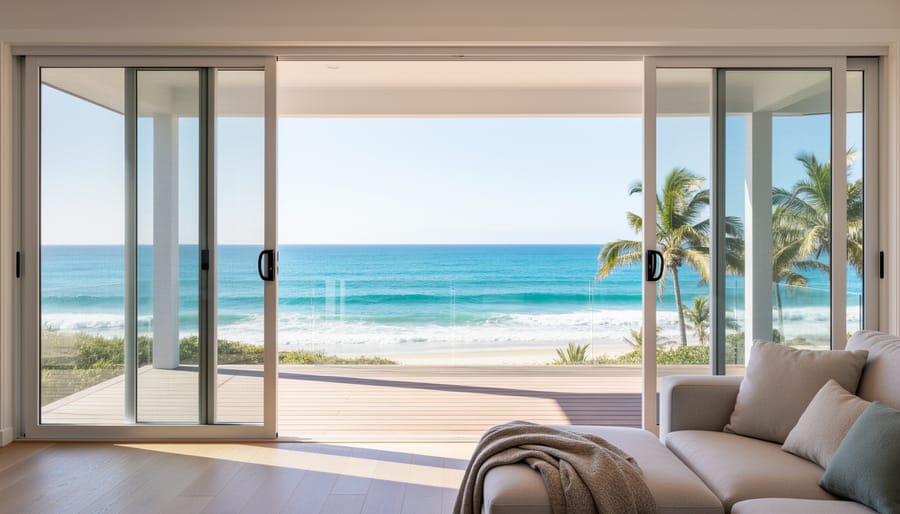 White Crimsafe security screens on coastal home patio doors with ocean view visible through mesh