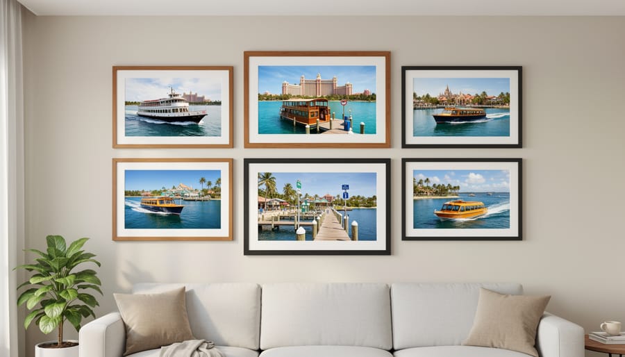 Gallery wall with framed Disney ferryboat and watercraft vacation photos in nautical theme