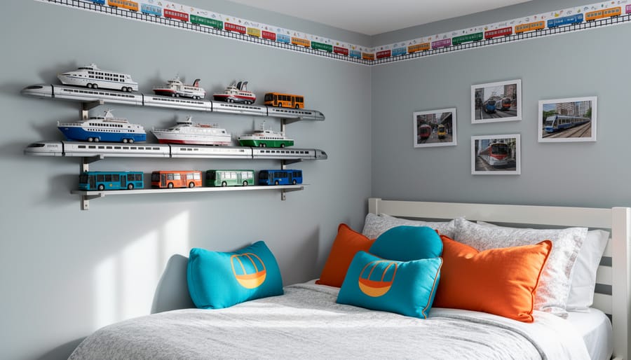 Bedroom corner with monorail-inspired silver wall shelves displaying repainted toy boats and buses, gondola-shaped throw pillows in blue and orange on a daybed, and a slim washi-tape monorail track tracing the ceiling edge in soft natural light.