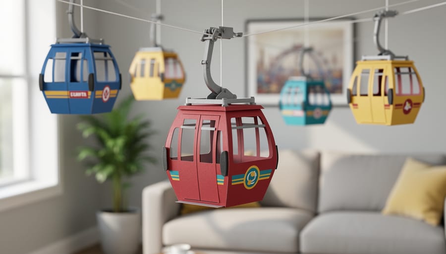 Colorful handmade paper Disney Skyliner gondola decorations hanging from ceiling