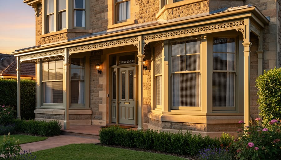 Cream-colored Crimsafe security screen on Victorian heritage home entrance with period features