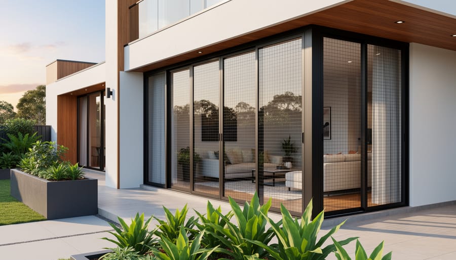 Black Crimsafe security screen door installed on modern white contemporary home exterior