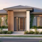 Eye-level wide shot of a contemporary home facade with floor-to-ceiling stainless-steel mesh security screens in woodland grey and monument on sliding doors and windows, integrated planter boxes and climbing vines, and adjacent timber slat sections, lit by warm golden-hour sunlight with a softly blurred street and native garden in the background.