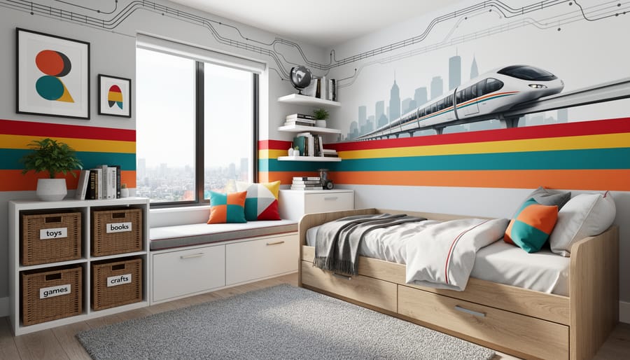 Children's bedroom with Disney monorail-inspired colored stripe wall decor and toy monorail on shelf