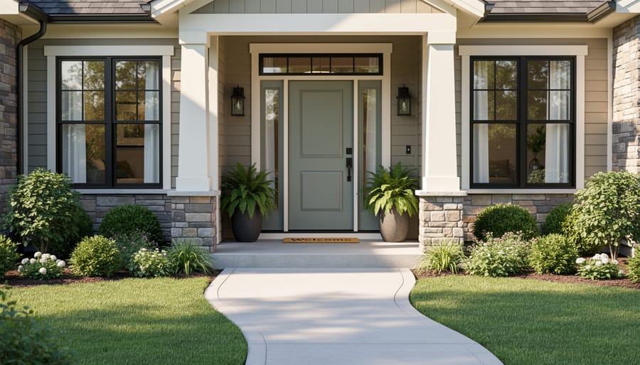 Well-maintained UK house front entrance with black door and tidy pathway